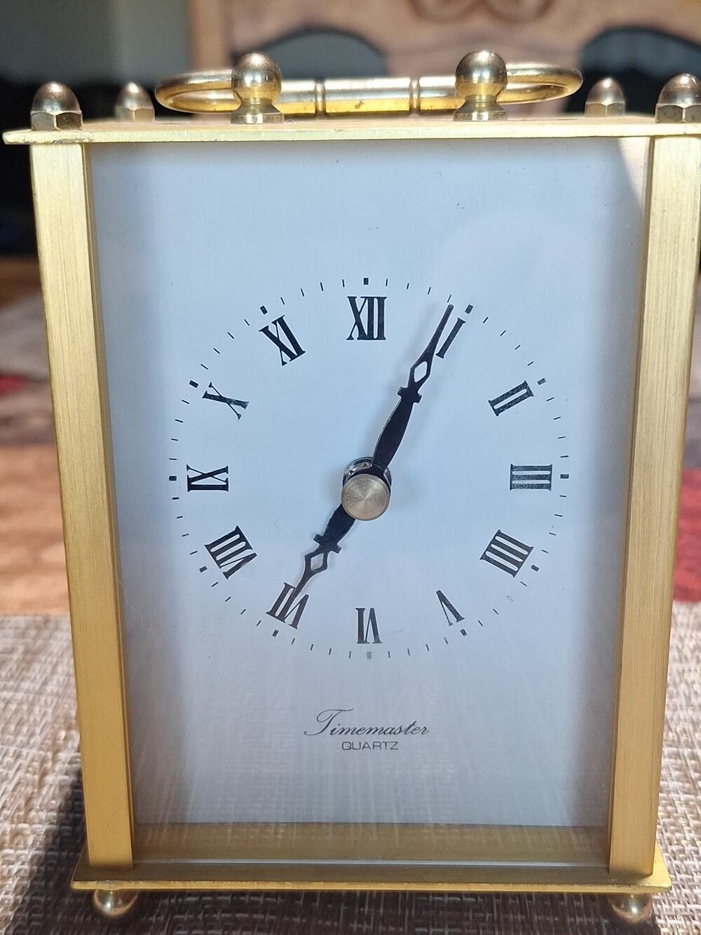 Timemaster Quartz Brass Tone Carriage Mantel Desk Shelf Clock Roman Numeral